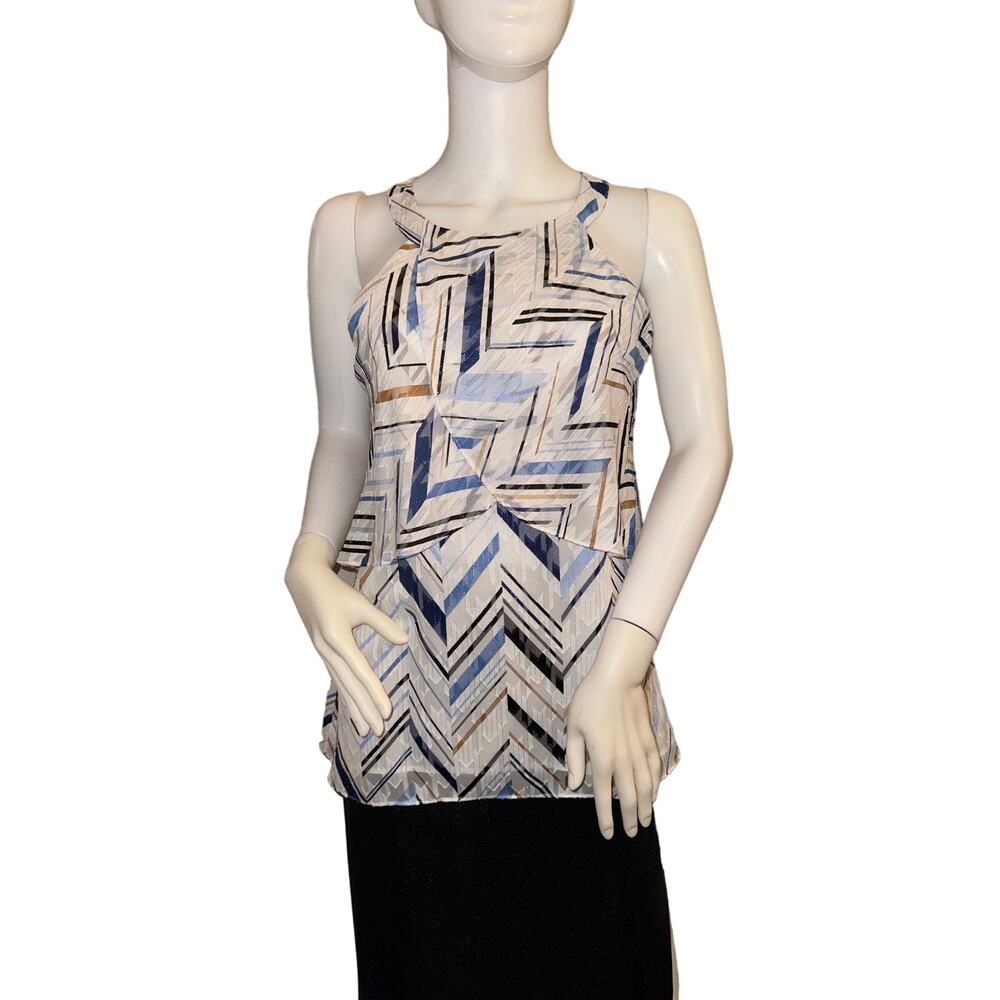 White House Black Market Feminine Flowy Geometric White Blue Layered Blouse 6